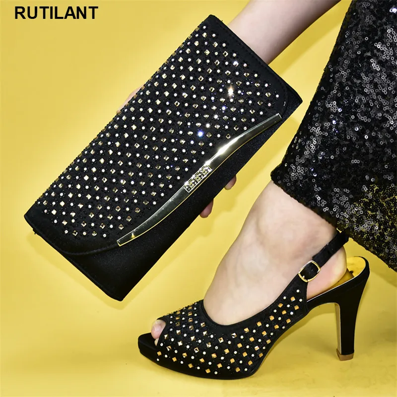 

Rhinestone Wedding Party Shoe Nigerian Women Shoes and Bag To Match for Party New Arrival African Italian Shoe and Bag Sets