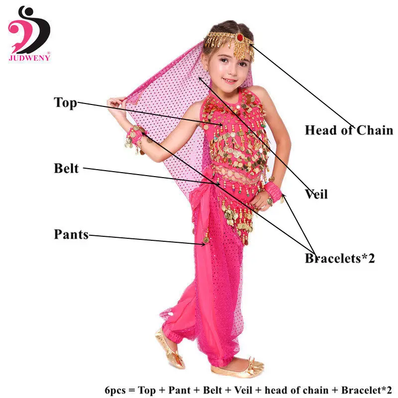 Детский костюм для танца живота, новинка года, Индийский Болливуд, Восточный Египетский танец живота, платье для девочек, топ для танца живота, штаны, 6 цветов - Цвет: Rose Red 6pcs