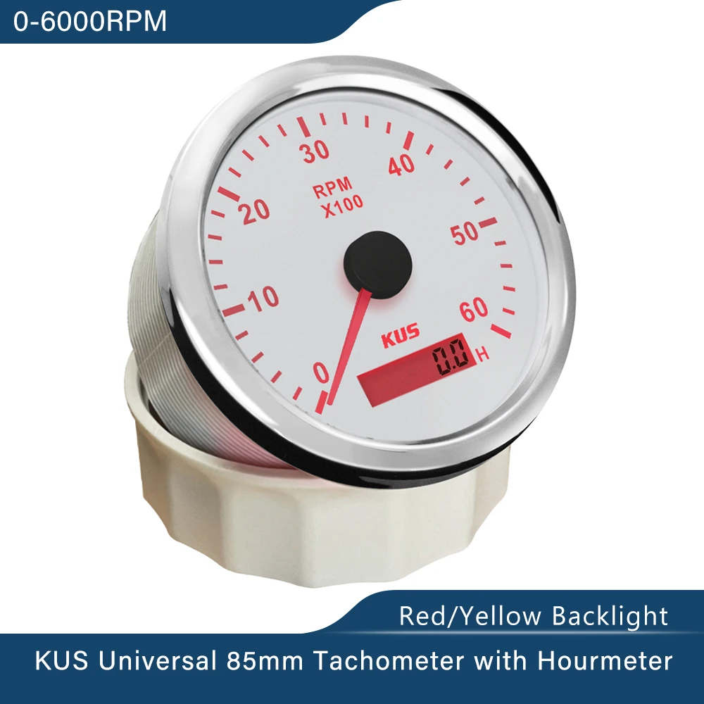 KUS Tachometer RPM Gauge REV Meter with Hour Meter 0-6000RPM 85mm 12V/24V with Backlight KUS Tachometer RPM Gauge REV Meter with Hour Meter 0-6000RPM 85mm 12V/24V with Backlight