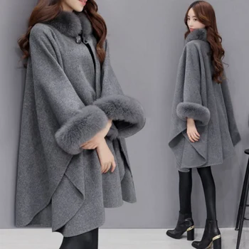 

Women Winter Autumn O-Neck Single Button tippet Cloak Spliced Wool Coats Female Loose Fashion Fox collars Tweed Coats ZX1378