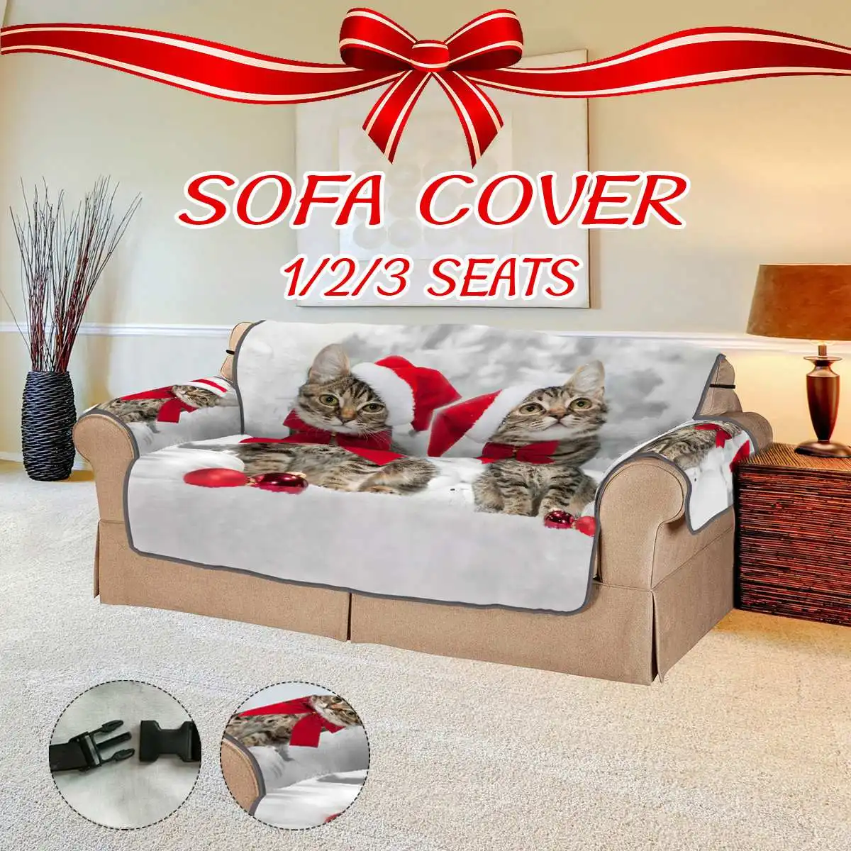 

1/2/3 Seats Christmas Cartoon Cat Pattern Washable Anti Fouling Protective Mat Polyester Soft Printed Sofa Cover Decorations