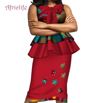 

WY4036 African Outfits Women Bazin Riche African Wax Print Tops and Skirts Fashion O-Neck Blouse Middle-Length Long Skirt Set