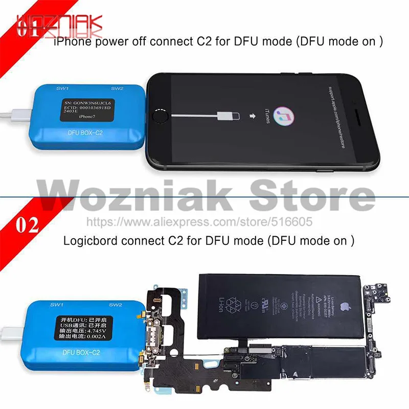 JC DFU BOX C2 Restoring Rebooting IOS Restore Reboot Instantly SN ECID MODEL Information Reading USB Current voltage Display