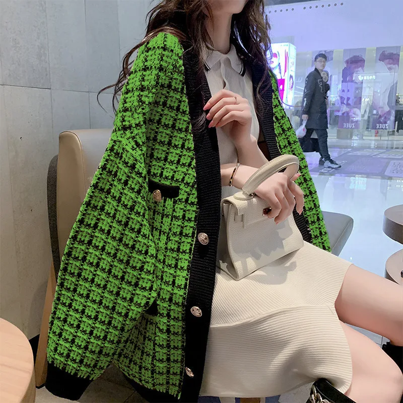Elegant V-neck Knit Cardigan Ladies Fall Winter Knit Sweaters Korean Style Women Plaid Cardigans sweters women invierno 2019 Elegant V-neck Knit Cardigan Ladies Fall Winter Knit Sweaters Korean Style Women Plaid Cardigans sweters women invierno 2019