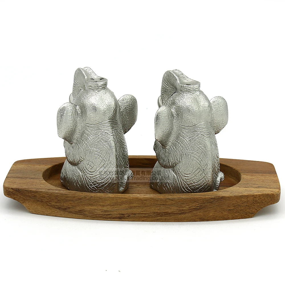 Восточный Pewter-Pewter набор приправ-соль и перец Caddy набор из 3, Детский слон в форме, чистый оловянный 97% без свинца Таиланд