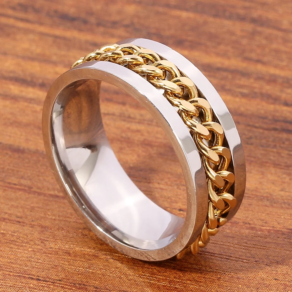 8mm Cool Black Spinner Chain Ring for Men Tire Texture Stainless Steel Rotatable Links Punk Male Anel | Украшения и аксессуары