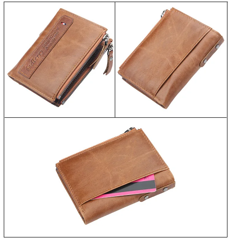 Baellerry Men Wallets Genuine Cow Leather Double Zipper Card Holder High Quality Male Purse Vintage Coin Holder Men Wallets