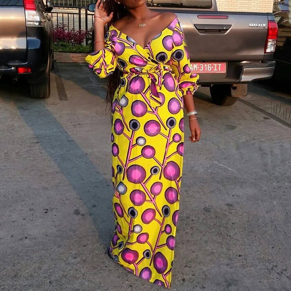 

African Yellow Geometric Print Women Long Dress Elegant V Neck Belted Prom Party Dresses 2020 Spring Summer Beach Maxi Vestiods