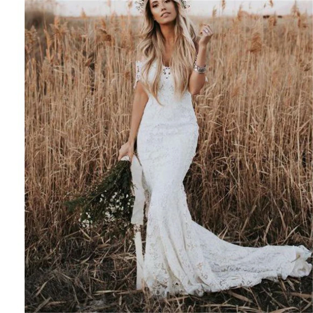 

2019 White Formal Wedding Gowns Off The Shoulder White Beach Boat Neck Zipper Up Dropped Vestidos De Novia