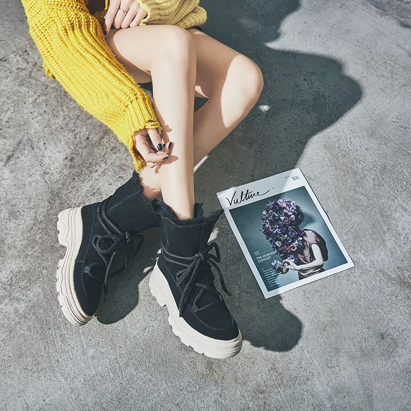 

Snow Female Winter Plus Velvet Cotton Shoes Thick Bottom Martin Cylinder Genuine Leather Apricot Short Boots