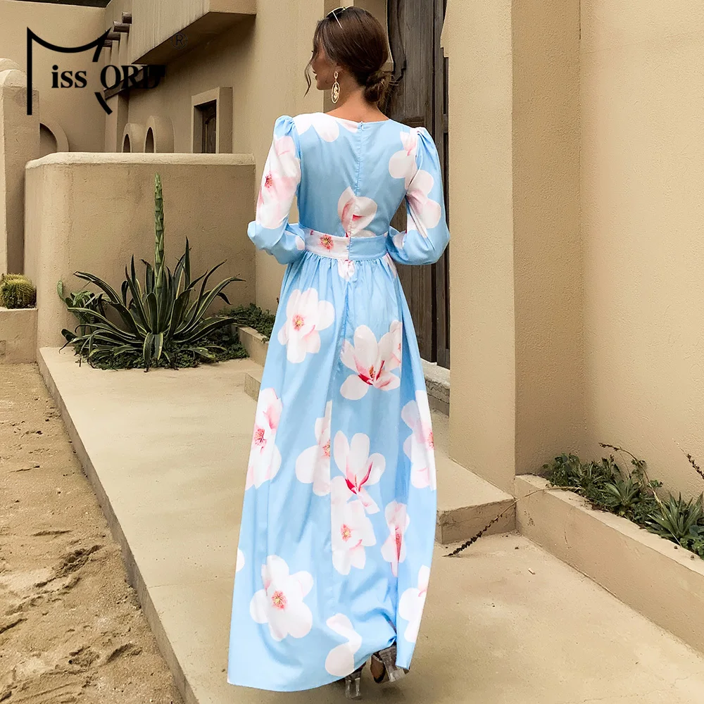 Missord Sexy Deep V Neck Boho Beach Dress Women Long Sleeve Floral Print Dress Casual High Waist Maxi Party Dress Vestido M0582