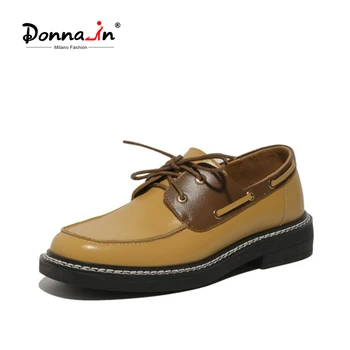 

Donna-in Genuine Leather Oxfords Women Casual Lace Up Comfortable Women Flat Shoes Autumn Low Heel Brand Handmade Female Shoes
