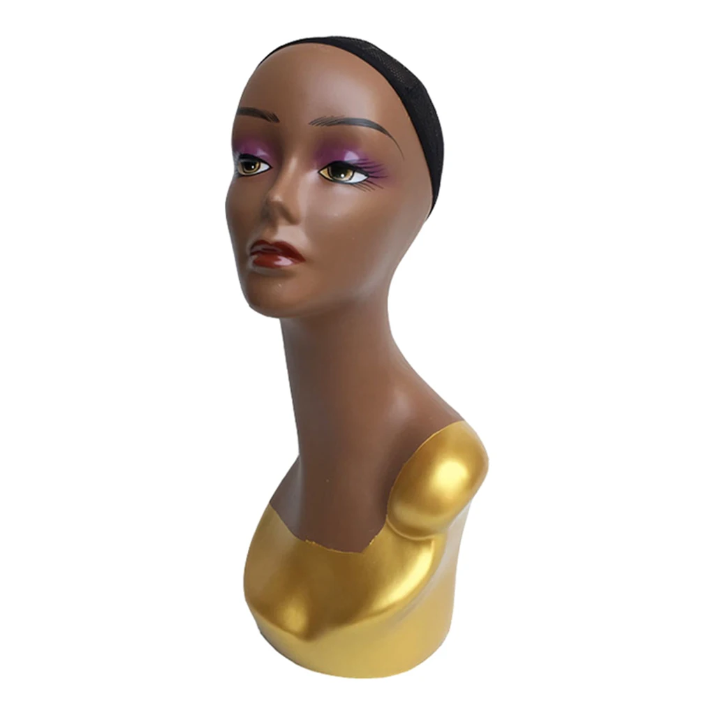 20-inch Female Mannequin Head Form with Full Makeup Display Stand for Wigs, Hats, Jewelry - Black Skin Tone