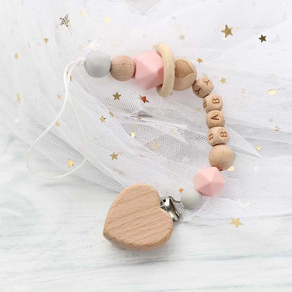 Pacifier Chain Nipple-Holder Teether-Toys Beech-Beads Custom Baby Personalize-Name Silicone