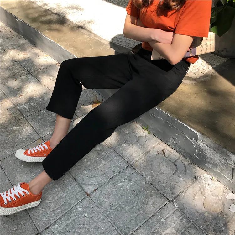 Black High Waist Jeans Women Ankle-length Solid Simple All Match Harajuku Vintage Womens Trousers Korean Fashion Females Pockets