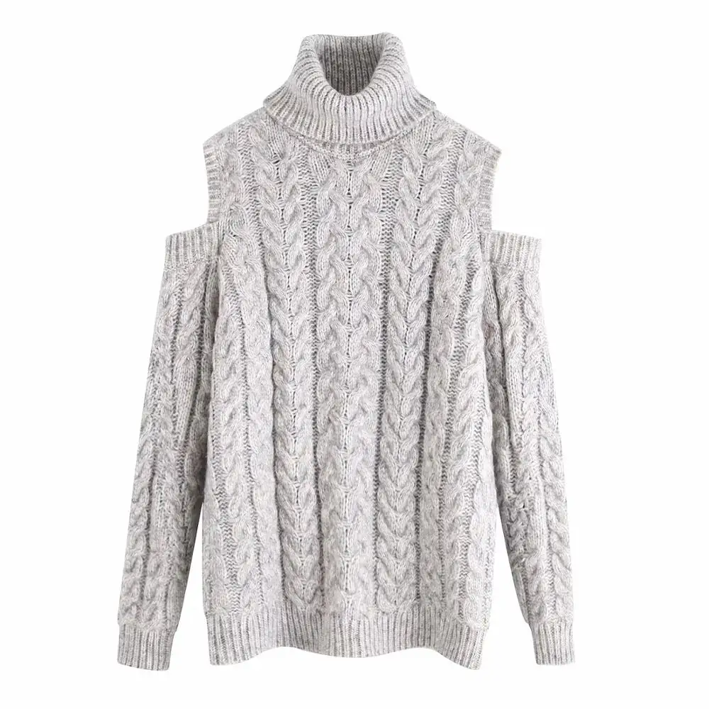 ZA, женские топы на осень и зиму, вязаный свитер с открытым плечом и высоким воротом, пуловер, шикарная женская одежда больших размеров - Цвет: gray