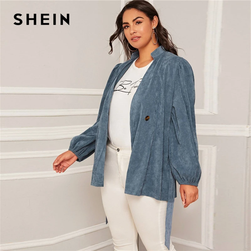awesome  SHEIN Plus Size Blue Corduroy Lantern Sleeve Belted Coat Women Autumn Stand Collar Casual Plus Soli