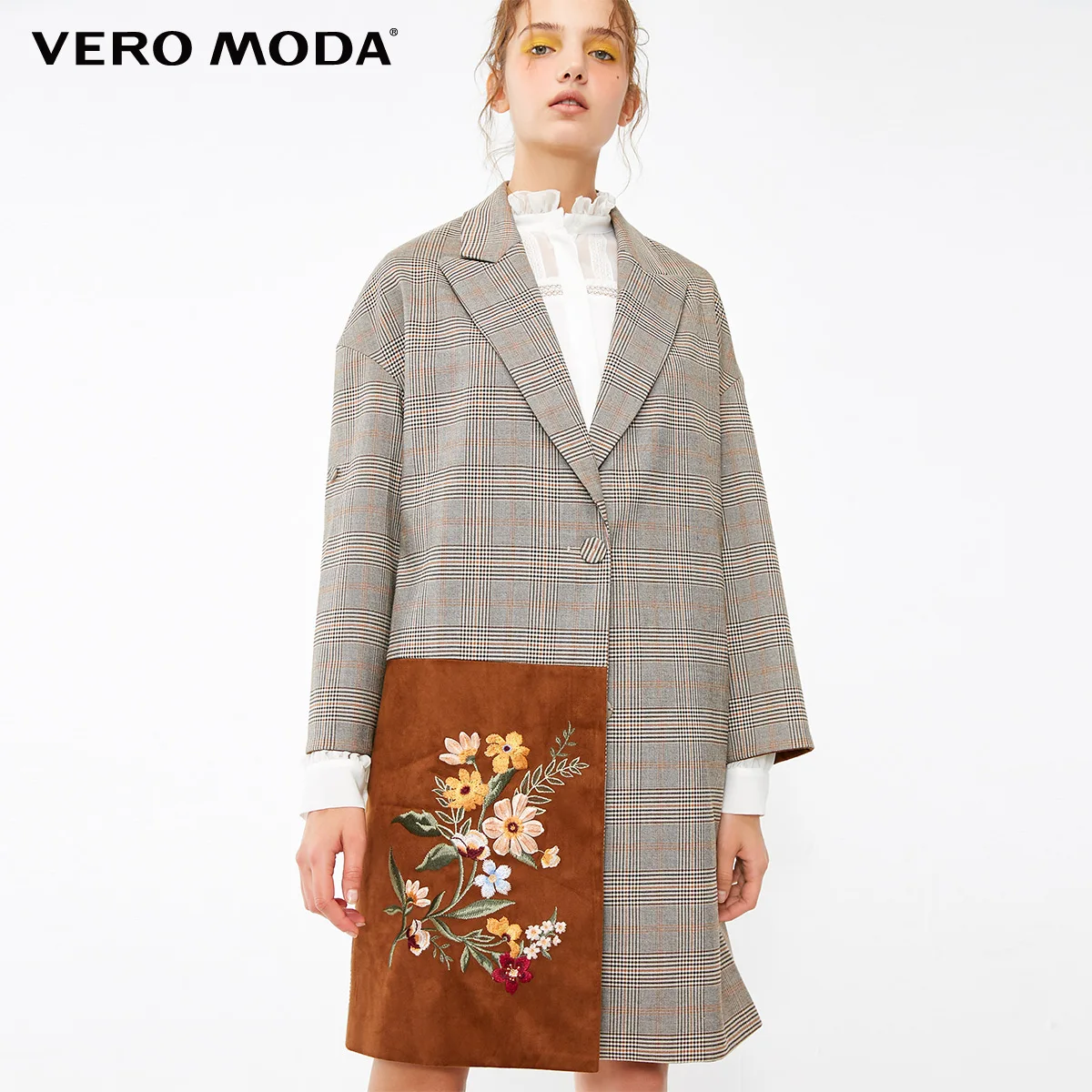 Vero Moda женское клетчатое длинное пальто контрастных цветов с вышивкой | 318409506