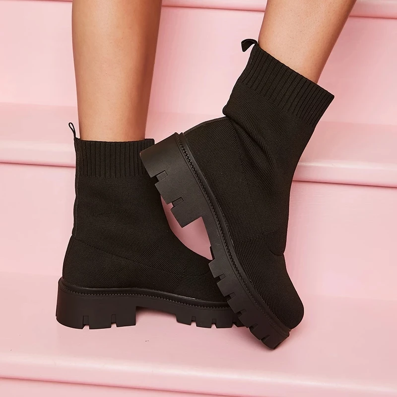 Botas tipo calcetín elástico de punto para mujer, cómodo sin cordones con plataforma de tacón grueso y punta redonda|Botas hasta el tobillo| - AliExpress