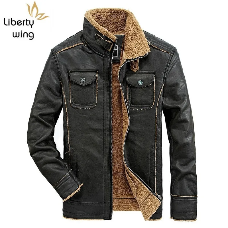 

Men Winter Leather Jackets New Thick Warm Motorcycle Long Sleeve Biker Jacket Fashion Men's Stand Collar Windbreaker Coat