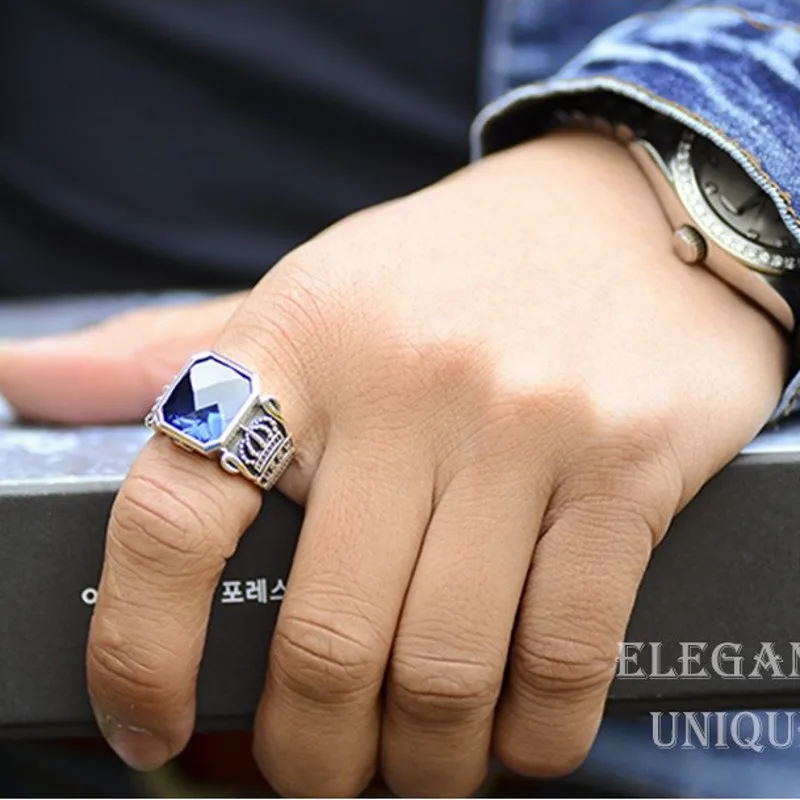 Тайское Серебро 925 Серебряное мужское кольцо властный человек инкрустированный Синий Циркон Индекс кольца корейский одиночный Ретро s925 Серебряное кольцо для мужчин