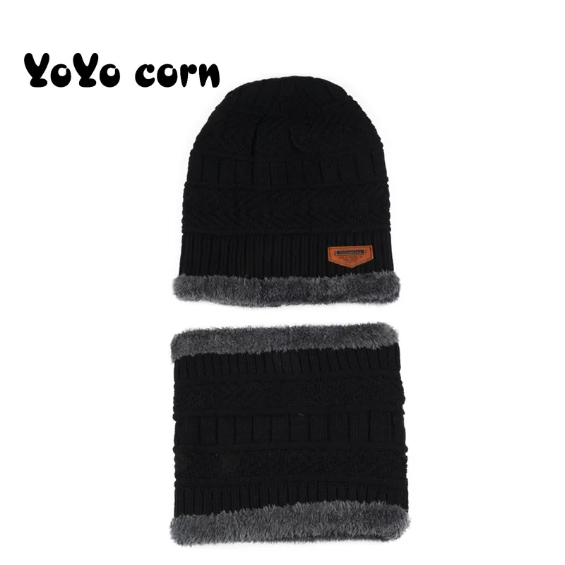 YOYOCORN бархатная шапка для родителей и детей, комплект из 2 предметов, очень теплая зимняя Балаклава, вязаные шапки и шарфы для детей 3-13 лет, шапки для мальчиков и девочек - Color: Hat and bib black