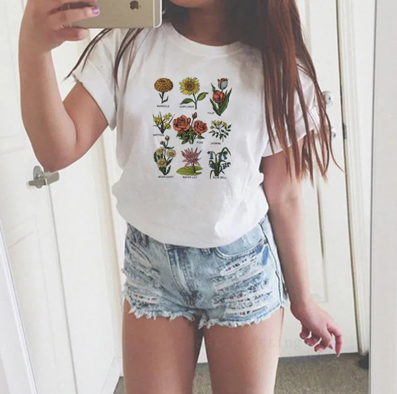 

2019 Flower Printing tshirt for women off white o-neck tee shirt home Streetwaear T-Shirt