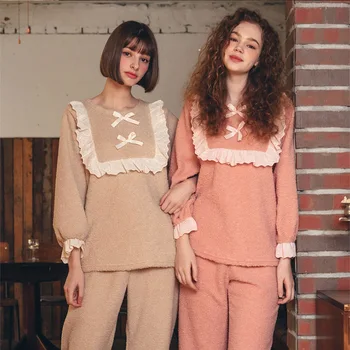 

SP&CITY Thickened Double-sided Bubble Bow Lace Women's Pajamas Winter Cute Seet Girl Pajama Set Princess Lady's Home Clothes