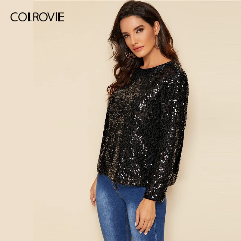 COLROVIE, черный топ с открытой спиной и блестками для женщин, осень, модная сексуальная блузка с разрезом, гламурные пуловеры, одноцветные женские блузки