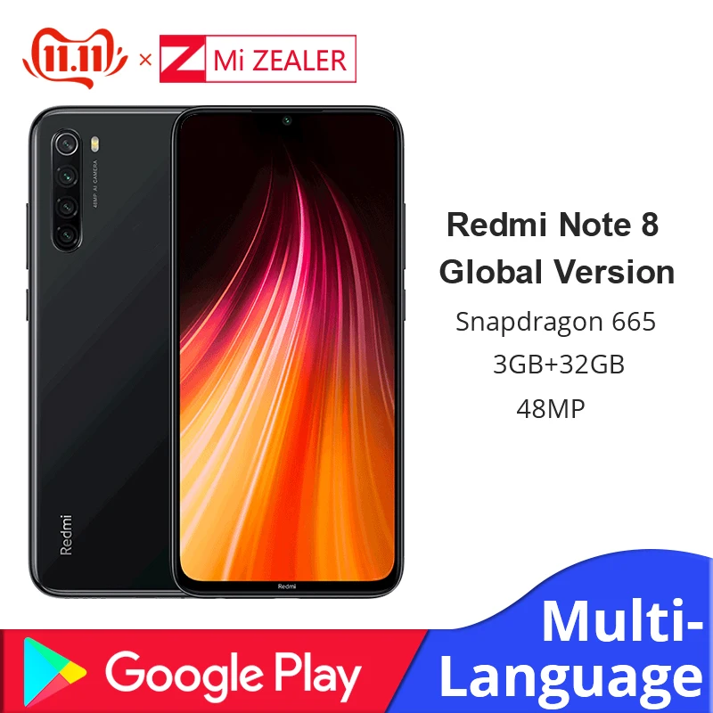 black Xiaomi Redmi Note 8 с глобальной версией, 3 Гб ОЗУ, 32 Гб ПЗУ, восьмиядерный смартфон Snapdragon 665, 48мп, экран 6,3 дюйма, быстрое зарядное устройство для мобильного телефона - Цвет: black