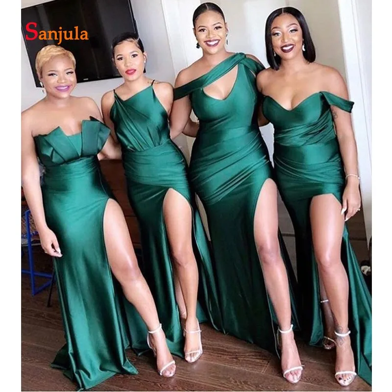 Sheath Dark Green Bridesmaid Dresses Long 4 Different Design Maid of Honor Dresses African Bridesmaid Party Gowns Leg Slit D1369