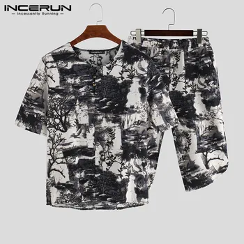 

INCERUN Men Sets Floral Print Vintage V Neck Short Sleeve T Shirts Casual Pants Chinese Style Men Sets Streetwear 2 Pieces S-3XL