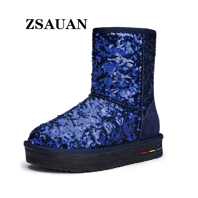 ZSAUAN/женские зимние ботинки с блестками; зимние меховые женские повседневные ботинки; женские блестящие высокие ботинки на платформе; цвет синий, розовый; короткие ботильоны