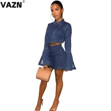 VAZN ASL6202 Осень джинсовый костюм выдалбливают возраст снижение сексуальная мода полный рукав мини юбки сплошной тонкий женский комплект из 2 предметов