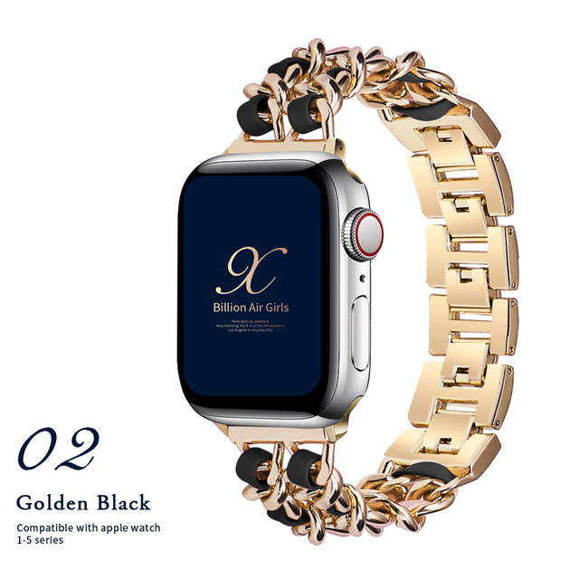 for Apple Watch6 5 4 40mm 44mm Watchband Stainless Steel Chain With Leather Bracelet Strap  for iwatch Series3 2 738mm 42mm