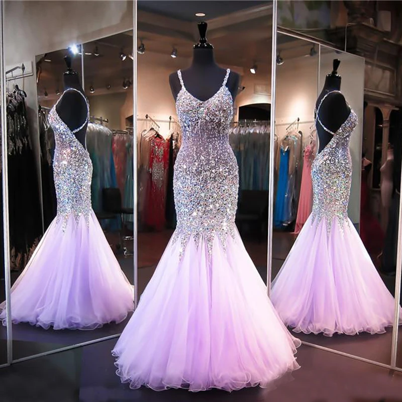Фиолетовое платье для выпускного вечера, украшенное бисером и кристаллами, с v-образным вырезом, шикарное вечернее платье на тонких бретельках, прозрачные вечерние платья