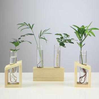 

Glass Tube Vases Wooden Stand Flower Pots Hydroponic Plant Home Garden Simple Decoration DNJ998