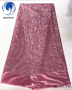 

Beautifical african lace fabrics 2019 New Flannel fabrics with sequins 5yards nigerian flannel fabric for women ML1N1386