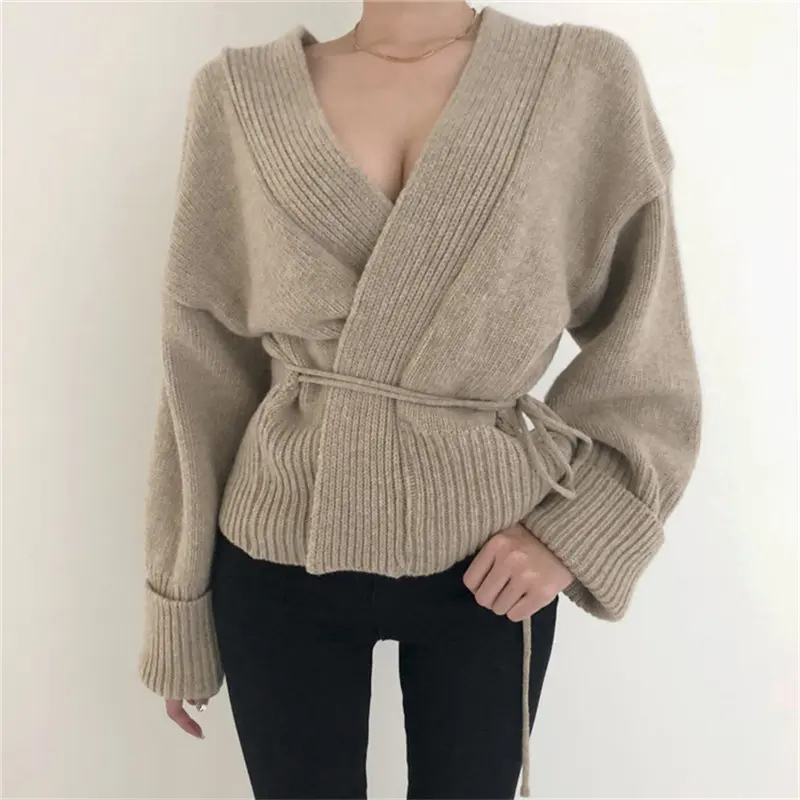 

HziriP Autumn Chic All-Match Open Stitch Lace-Up Cute Sexy Regular High Street V-Neck Loose Cardigans Casual Knitted Sweaters