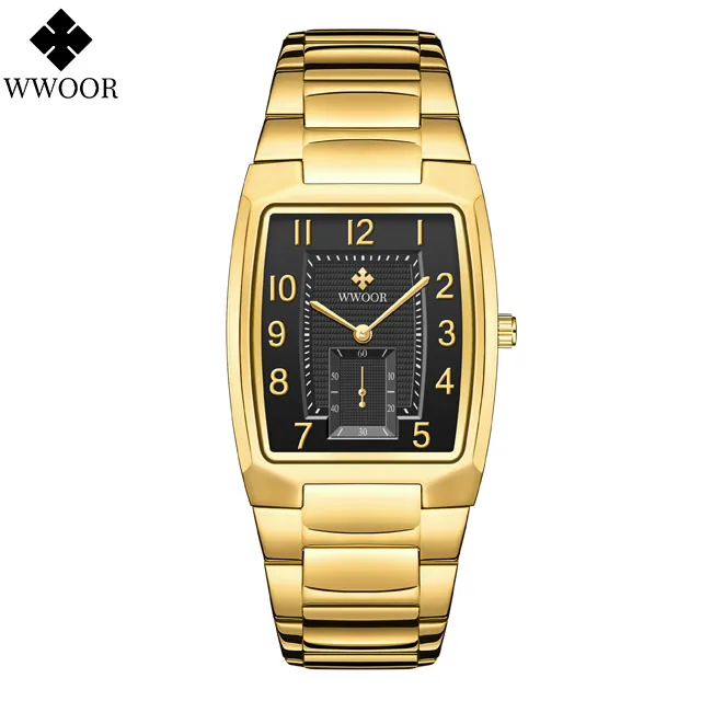 WWOOR Top Brand Luxury Fashion Stop Watches Mens 30ATM Waterproof Square Clock Casual Watch Mens Quartz Wrist Watch Reloj Hombre Gold black