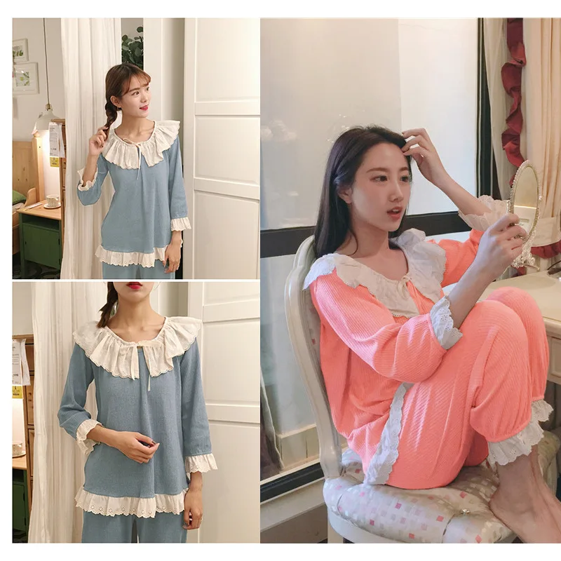 

Shao nv kuan Pajamas 125-1 # Not Balling up Active Dye Sunken Stripe Pajamas Korean-style Home Wear Japanese Korean Hoodie 500