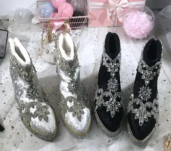 

blingbling winter luxury rhinestones pointed toe snow boots velvet flower diamonds women snow boot crystal snow boots woman