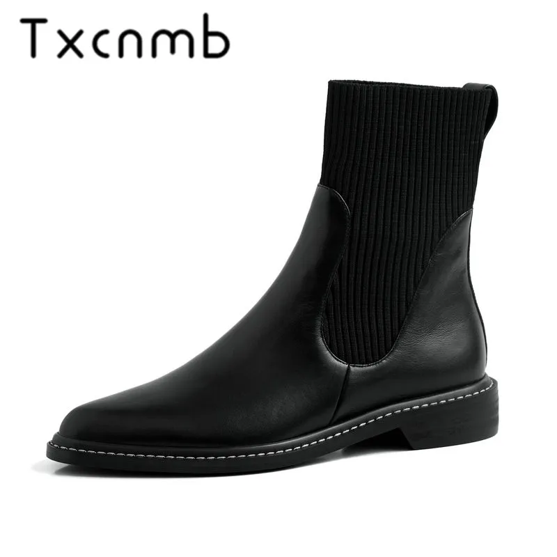 

TXCNMB Brand Fashion Women Mid-calf Boots Women Autumn Winter Genuine Leather Solid Classic Pointed Toe Basic Shoes Woman