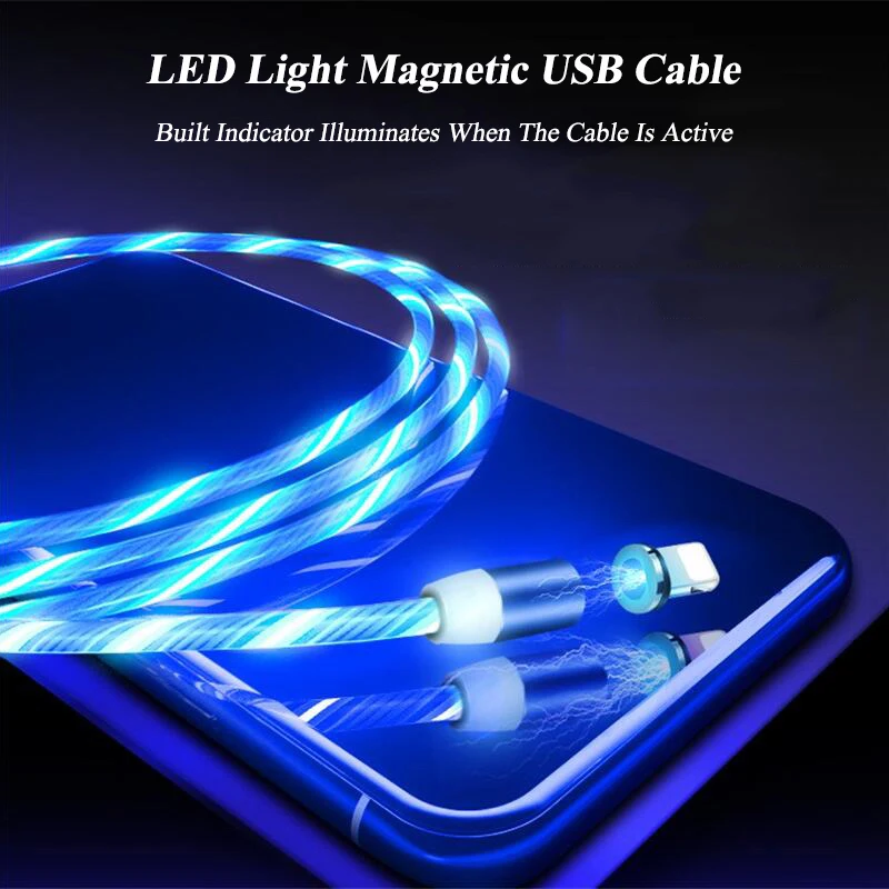 Магнитный кабель для быстрой зарядки светящийся Micro USB Type C iPhone X XE XR Samsung S10