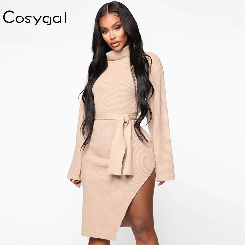 

COSYGAL2019 Turtleneck Autumn Winter Dress Long Sleeve Side Split Fashion Sweater Dress Women With Belt Long Bodycon Dresses