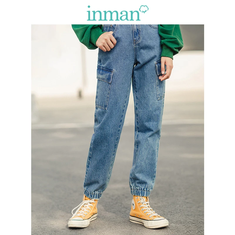INMAN/Демисезонные женские длинные прямые джинсы с карманами эффектом потертости |