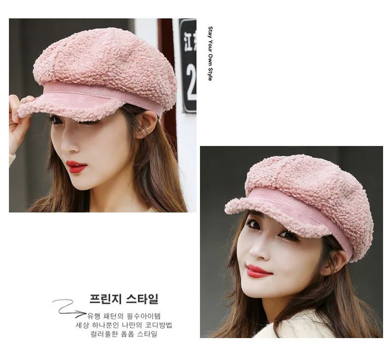 Winter Women's Cap Ladies Octagonal Hat Beret Lambswool Plush Warm Outdoor Female Visor Soft High Quality BT0057