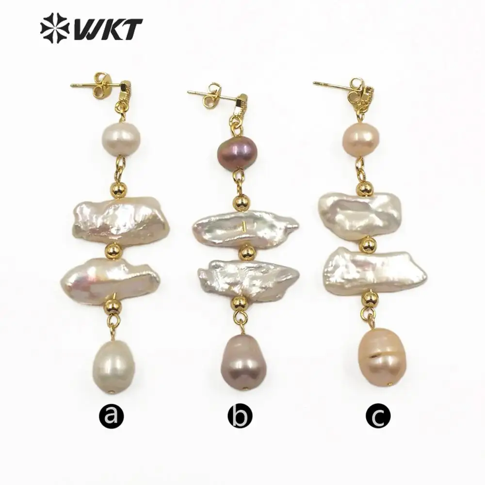 WT-MPE015 Exclusive Design New Freshwater Baroque Pearl Dangle Earrings Women Precious Gold Handmake Royal Style Decoration