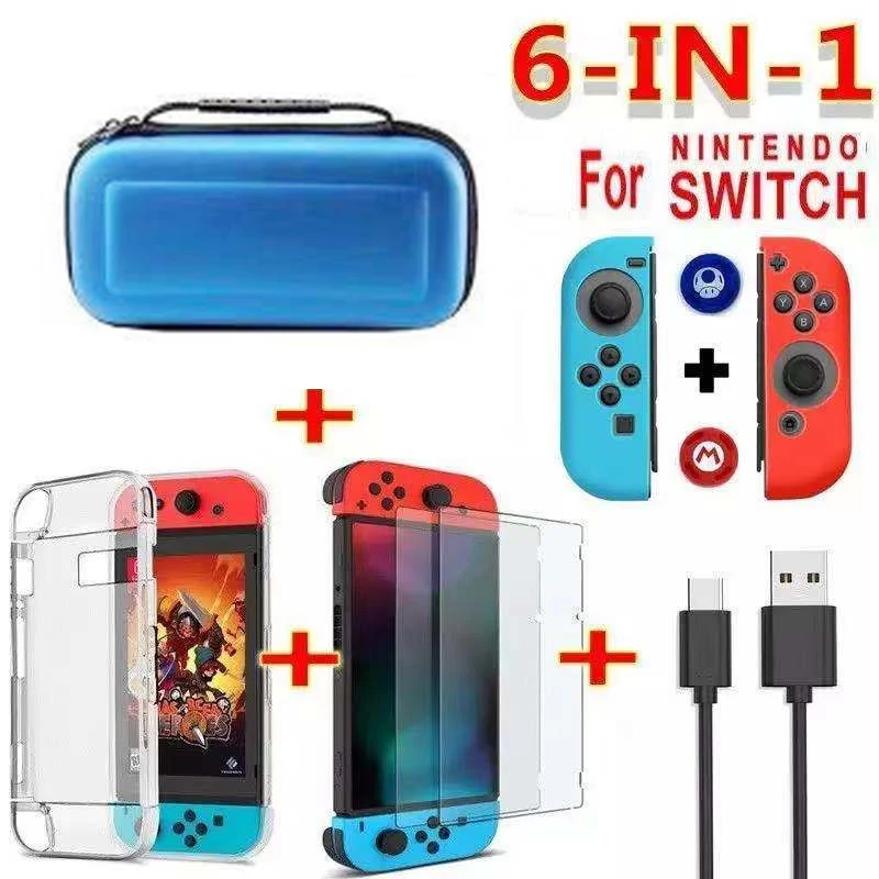 Синий Набор игровых аксессуаров для nintendo switch 6 в 1, дорожная сумка для переноски, защитный чехол для экрана, кабель для зарядки A8 - Цвет: Синий