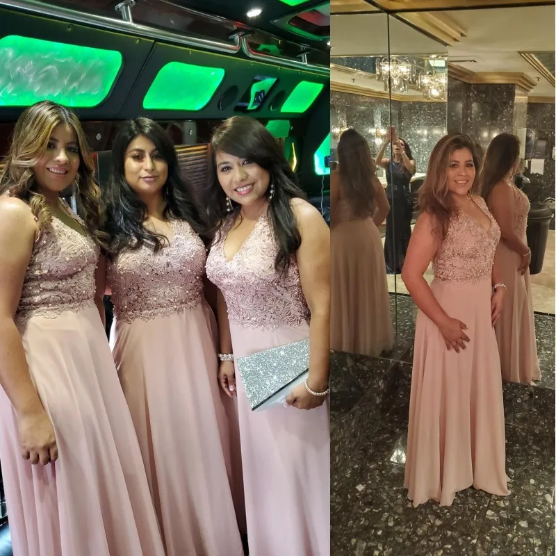 

Dusty Pink Chiffon Long Evening Dress 2019 Elegant A line Formal Dress Evening Gown Applique Pearl Party Vestidos robe de soiree